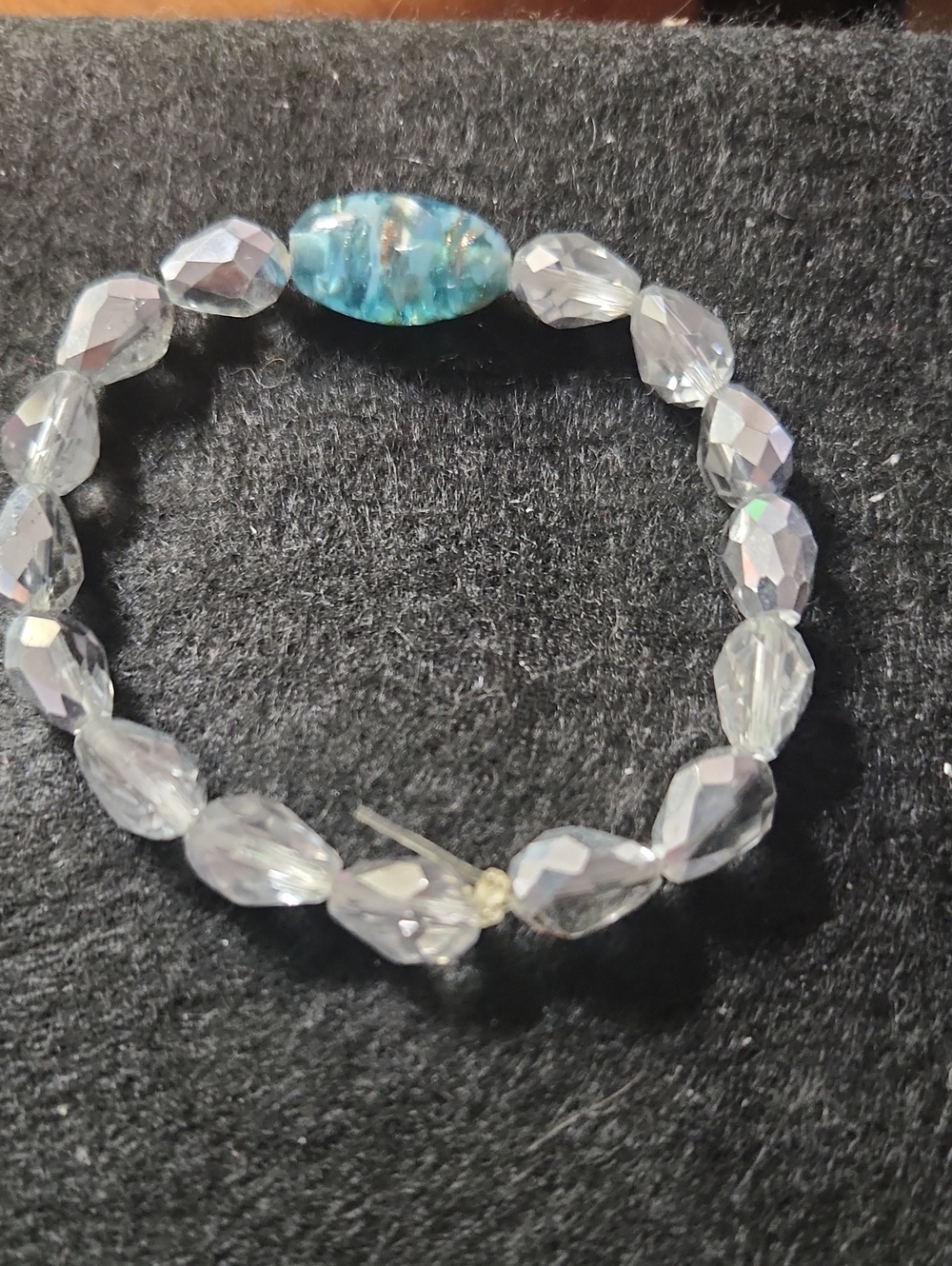 Hand Crafted Clear Crystal Stretch Bracelet with Teal Accent